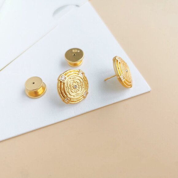 Julie Vos Astor Collection. Gold Cubic Zirconia Disc Stud Earrings - Picture 2 of 3